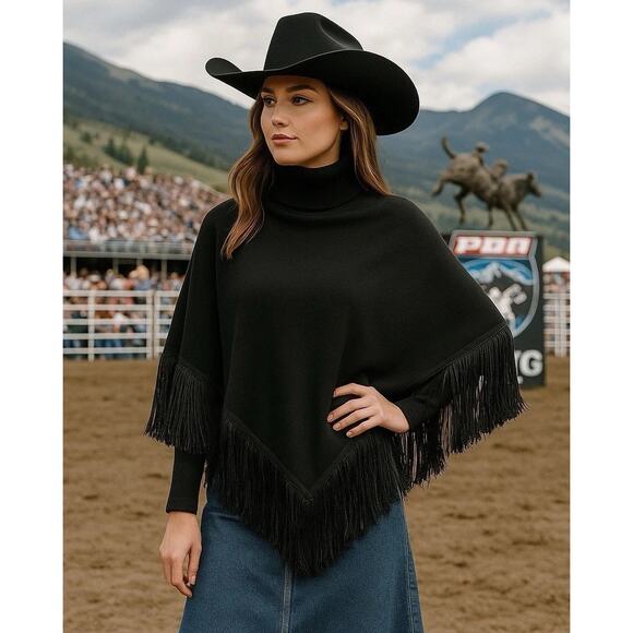 New Understated Leather x Free People River Walk Black Sm Fringe Poncho Sweater - Picture 1 of 9